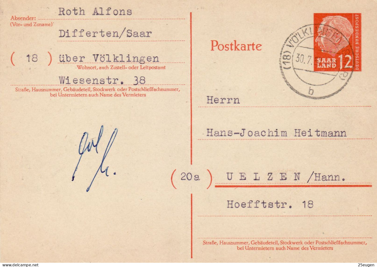 SAAR 1957 POSTCARD MiNr P 43 SENT FROM VOELKLINGEN TO UELZEN - Briefe U. Dokumente