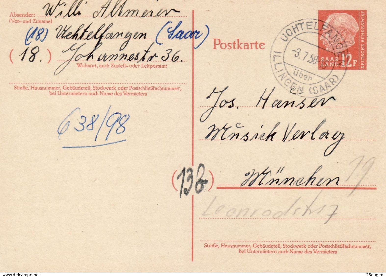 SAAR 1957 POSTCARD MiNr P 47 SENT FROM UCHTELFANGEN - Cartas & Documentos