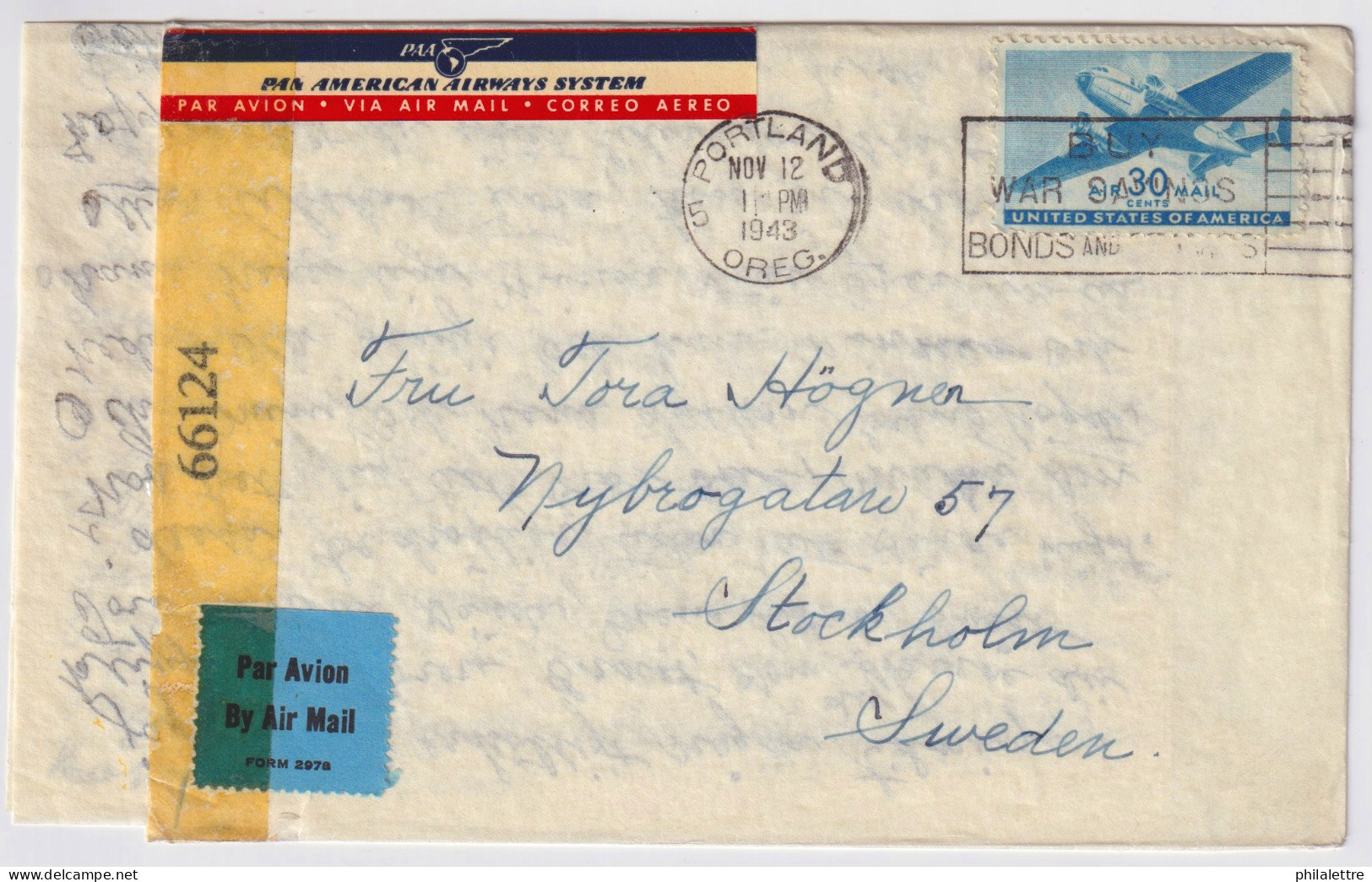 USA To Sweden - 1943 - Sc.C30 On Air Mail US Censored Cover From PORTLAND, OR To Stockholm, Sweden (with Letter) - 2c. 1941-1960 Lettres