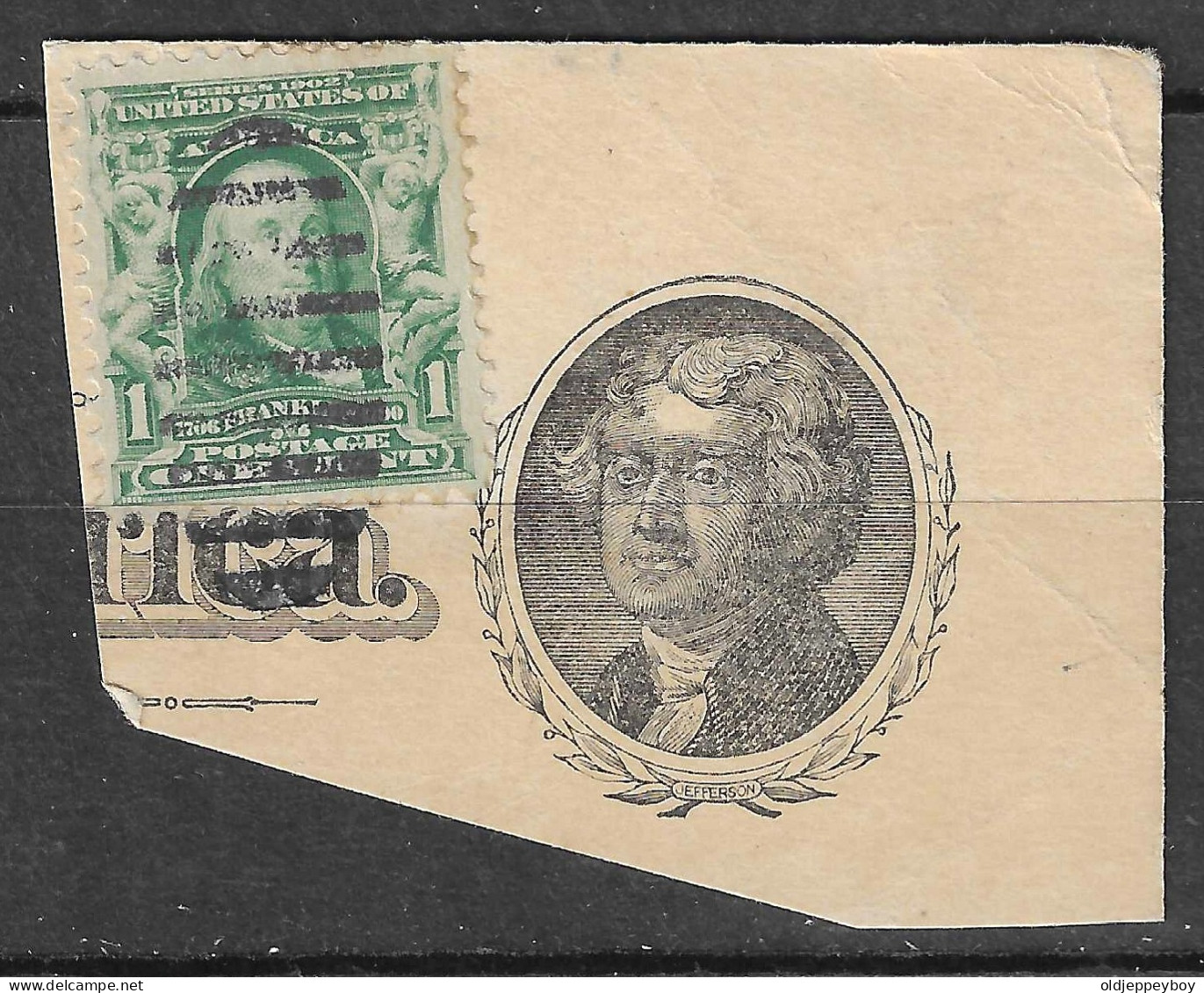 RARE FRANKLIN 1 Cent. 1902-1903 GREEN POSTAGE STAMP ON COVER PIECE  - Erinnofilia