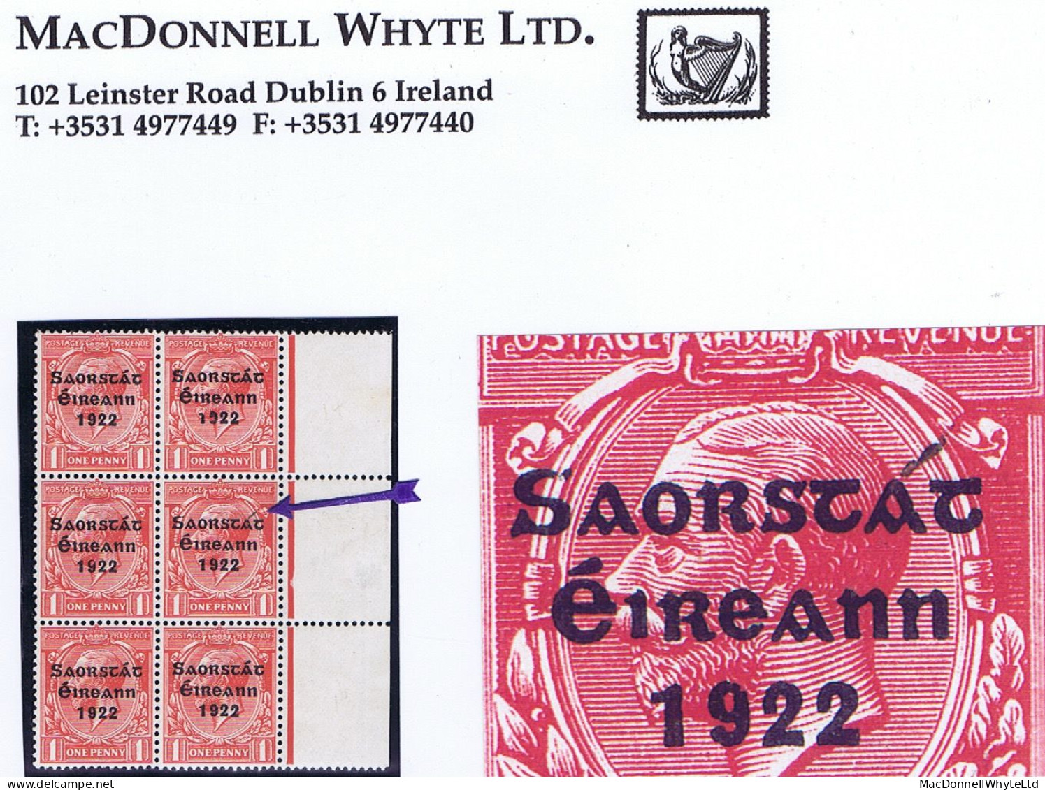 Ireland 1922-23 Thom Saorstat 3-line Ovpt 1d Variety "Accent Inserted By Hand" R15/12 In A Marginal Block Of 6 Mint - Nuovi