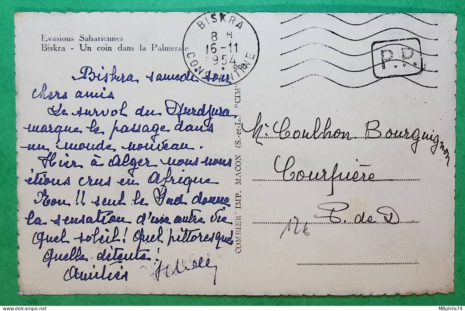 OBLITERATION MECANIQUE BISKRA CONSTANTINE PP ALGERIE CARTE POSTALE POUR COURPIERE PUY DE DOME 1954 LETTRE COVER FRANCE - Lettres & Documents