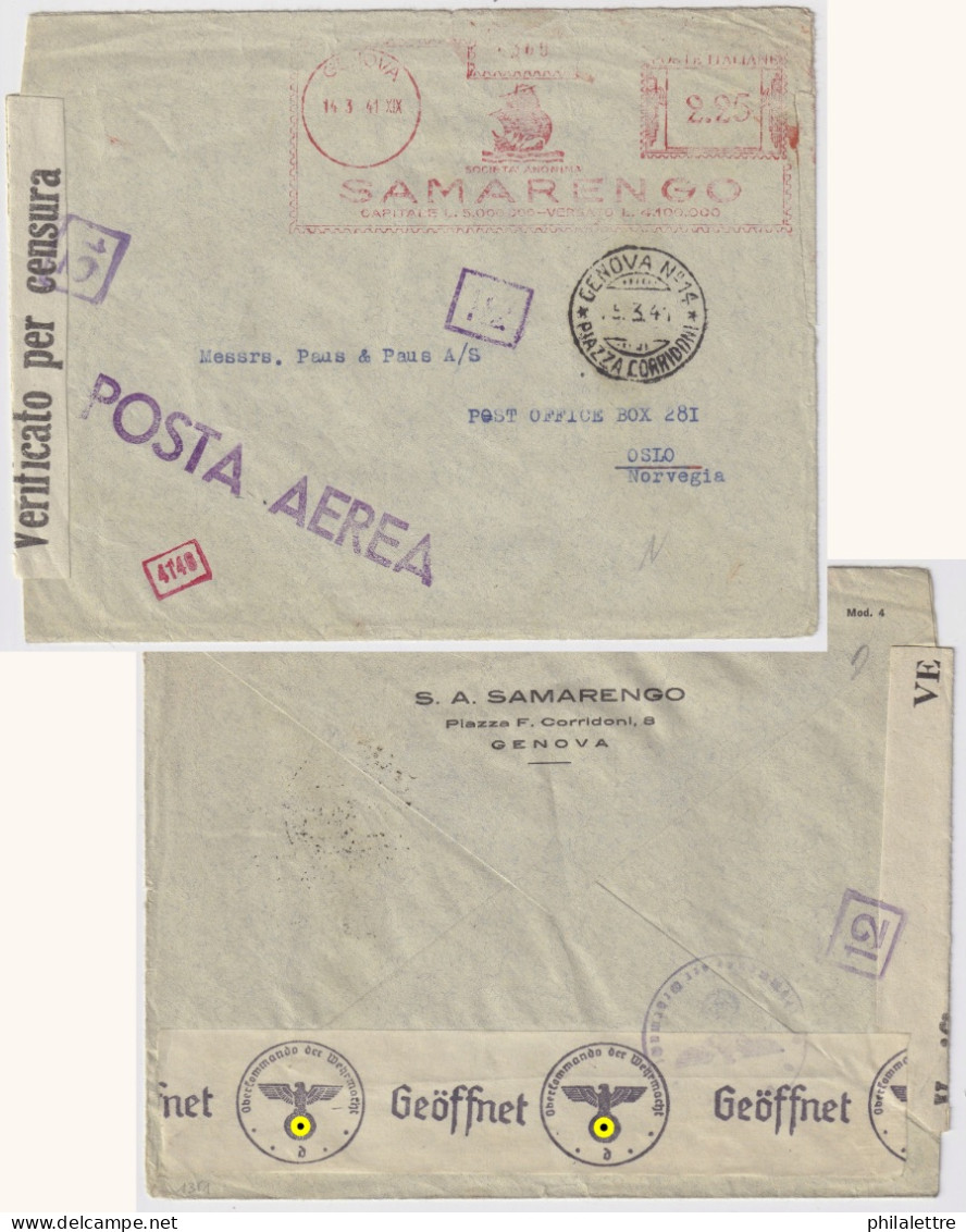 ITALIE / ITALY - 1941 Censored Cover FromGenova To Oslo - Illustrated Franking Machine Mark (Samarengo) - Macchine Per Obliterare (EMA)