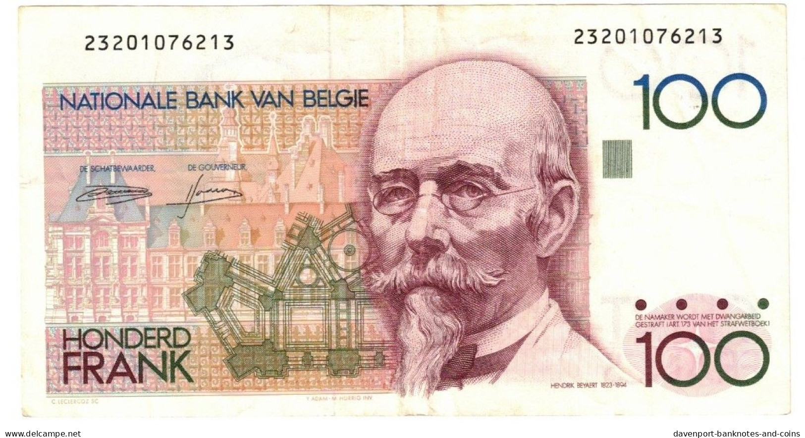 Belgium 100 Francs (Frank) 1978 (1982) VF "Demanet-Godeaux" - 100 Francos