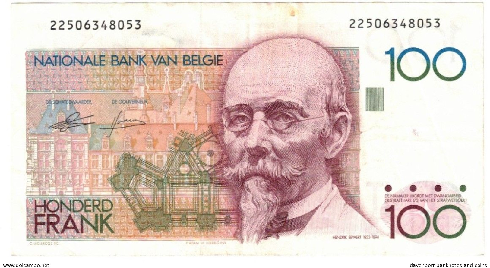 Belgium 100 Francs (Frank) 1978 (1986) VF "Genie-Godeaux" - 100 Francs