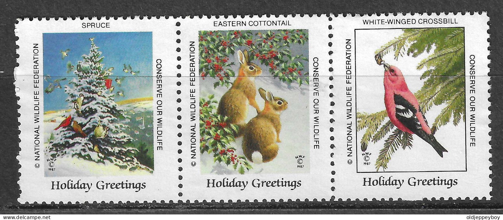 SPRUCE EASTERN COTTONTAIL WHITE WINGED CROSSBILL HOLIDAY  WILDLIFE VIGNETTE Reklamemarke CINDERELLA Erinnophilie - Erinnofilia