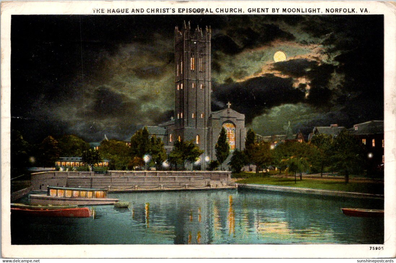 Virginia Norfolk The Hague And Christ's Episcopal Church By Moonlight 1929 Curteich - Norfolk