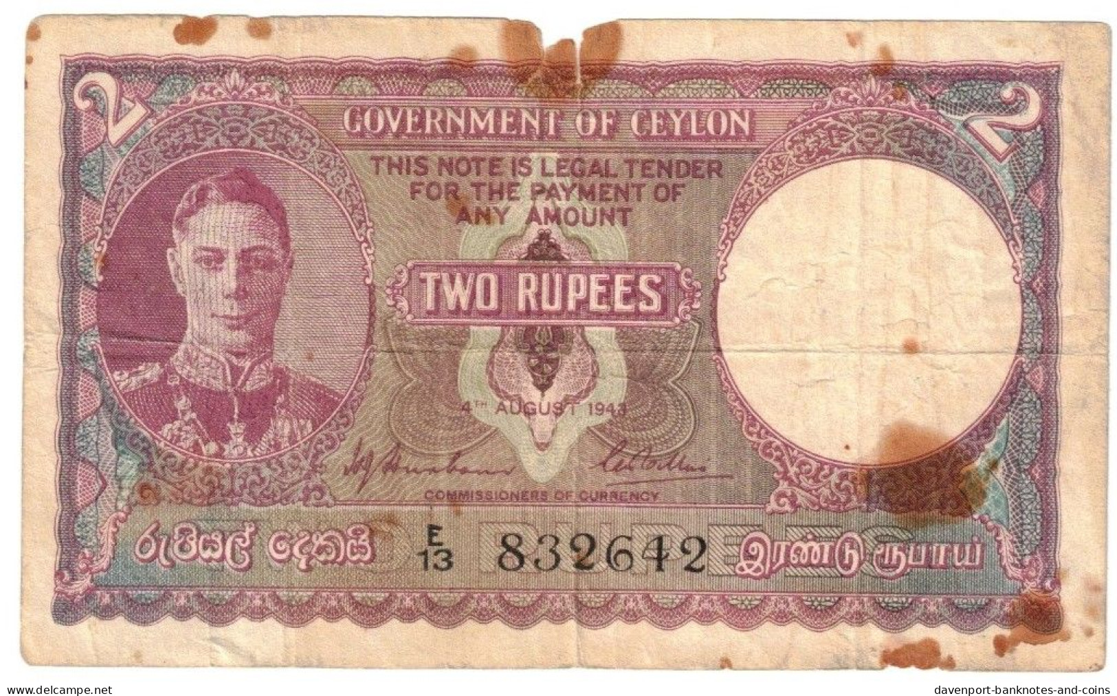 Ceylon 2 Rupees 1943 G King George - Sri Lanka