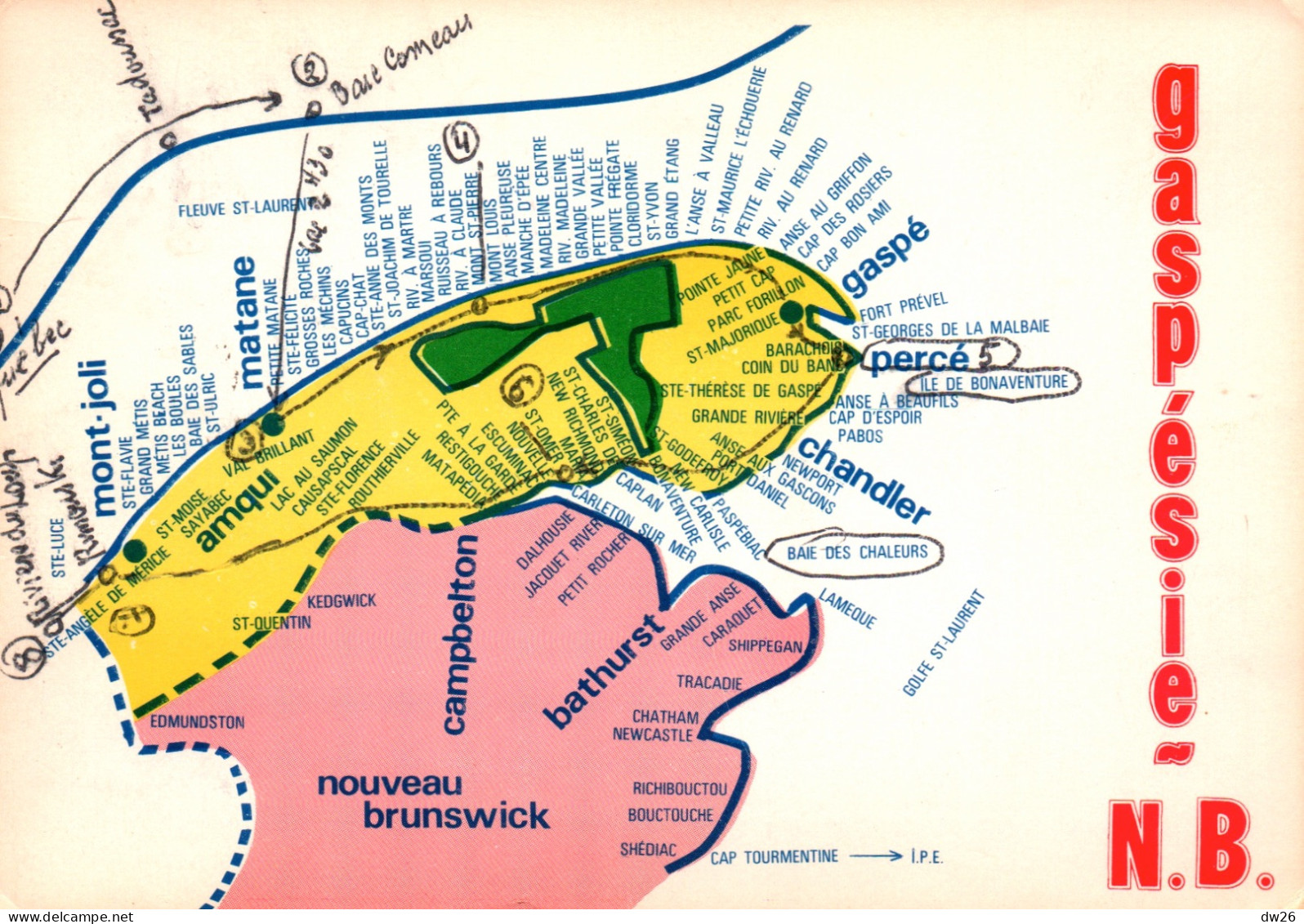 Quebec - Gaspésie N.B. Carte Gaspé, Percé, Chandler, Mont-Joli, Nouveau Brunswick - Gaspé