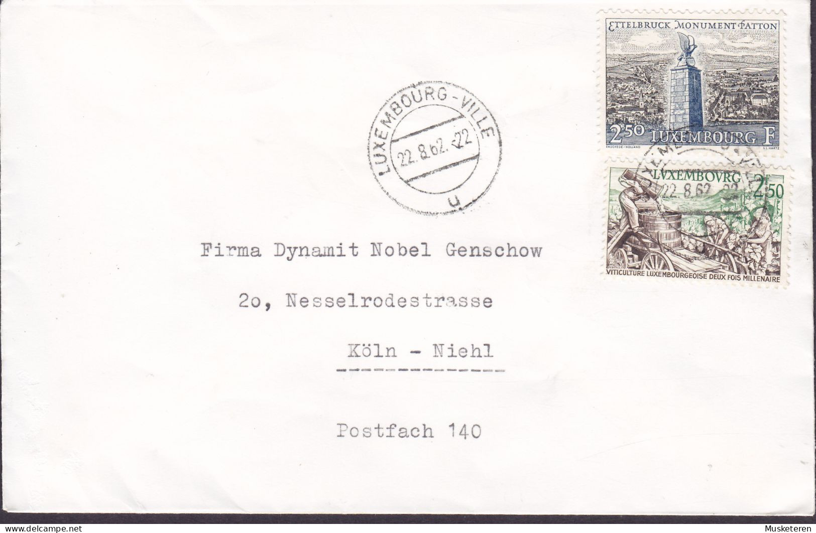 Luxembourg LUXEMBOURG-VILLE 1962 Cover Brief Lettre Firma DYNAMIT Nobel Genschow KÖLN Germany Patton Monument - Briefe U. Dokumente