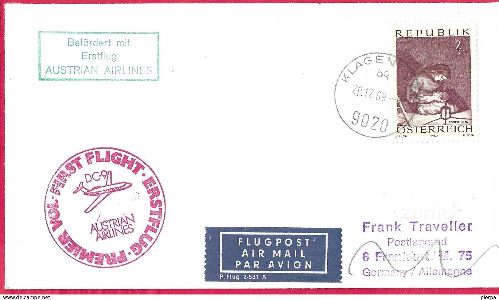 AUSTRIA - ERSTFLUG AUA MIT DC-9 FROM KLAGENFURT TO FRANKFURT *20.12.69* ON OFFICIAL COVER - Primeros Vuelos