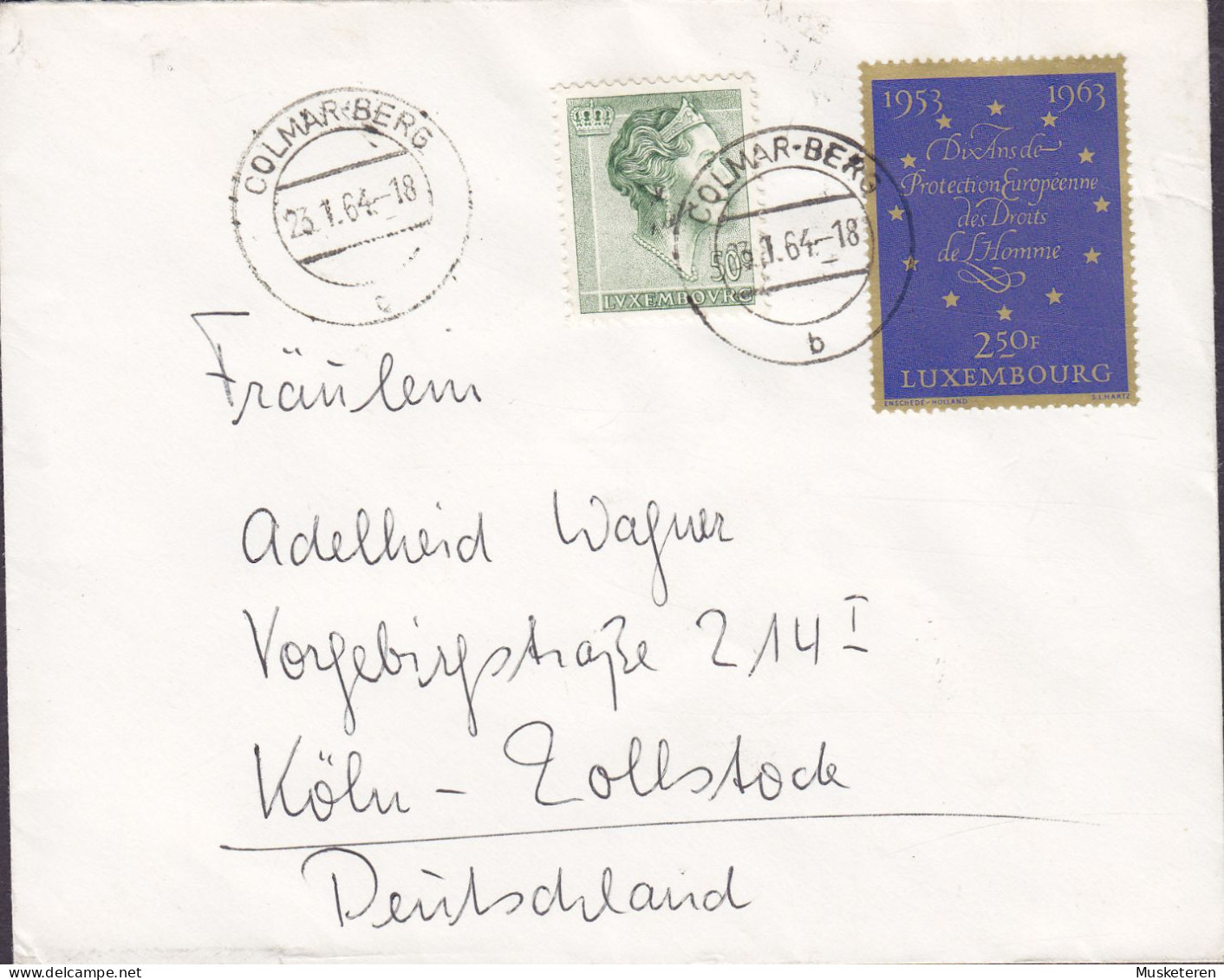 Luxembourg COLMAR-BERG 1964 Cover Brief Lettre KÖLN Germany Europaïsche Menschenrechte & Charlotte - Brieven En Documenten