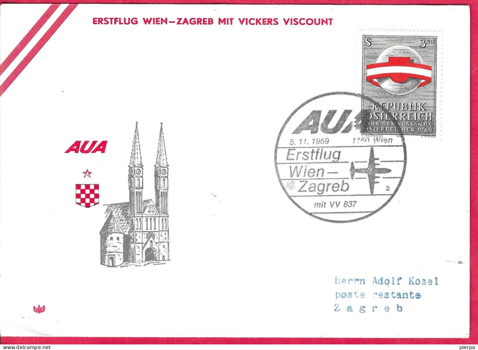 AUSTRIA - ERSTFLUG AUA MIT VICKERS VISCOUNT 837 FROM WIEN TO ZAGREB *5.11.1969* ON LARGE COVER - Erst- U. Sonderflugbriefe