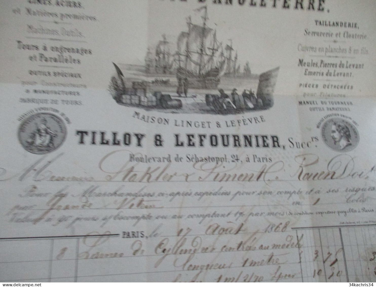 M45 Facture Illustrée 1868 A La Flotte Anglaise Tilloy Lefournier Linguet Lefèvre Commerce Navire Limes Taillanderie... - Petits Métiers