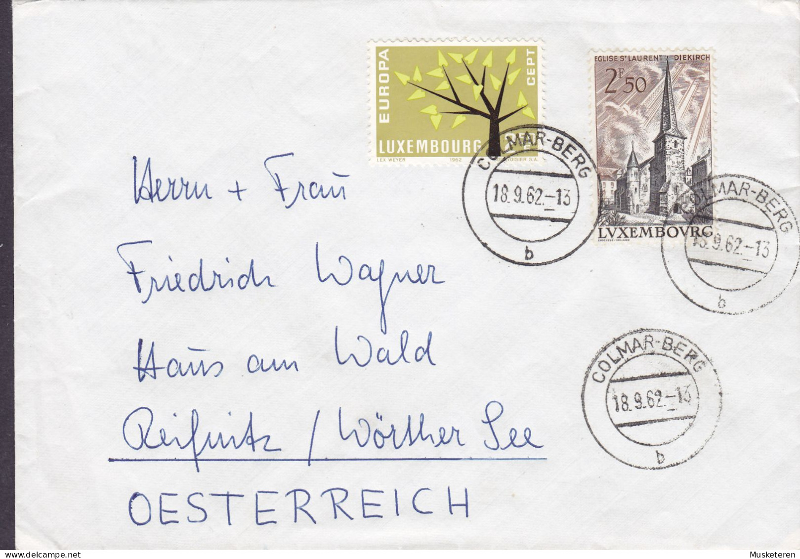 Luxembourg COLMAR-BERG 1962 Cover Brief Lettre REIFNITZ Wörthersee Austria Europa CEPT Eglise St. Laurent Diekirch - Storia Postale