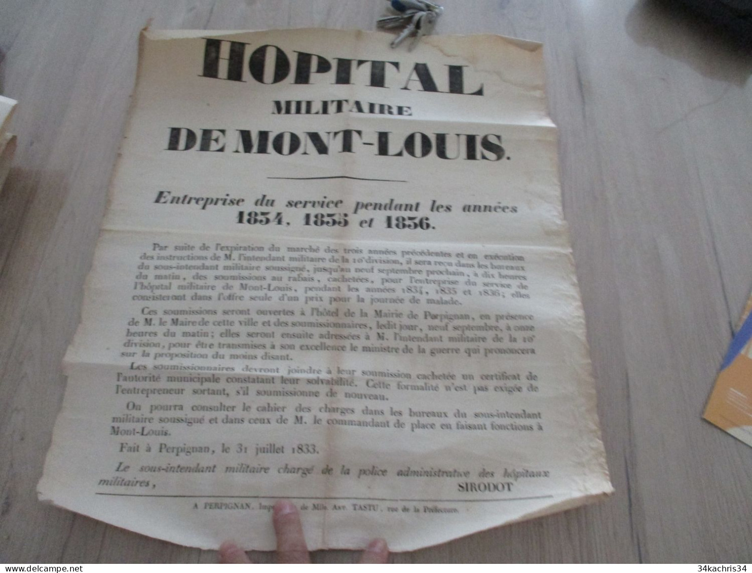 M45 Affiche Placard ¨Pyrénées Orientales Hôpital Militaire De Mont Louis 1833 Soumissions Pour Les Marché 46X54 Environs - Affiches