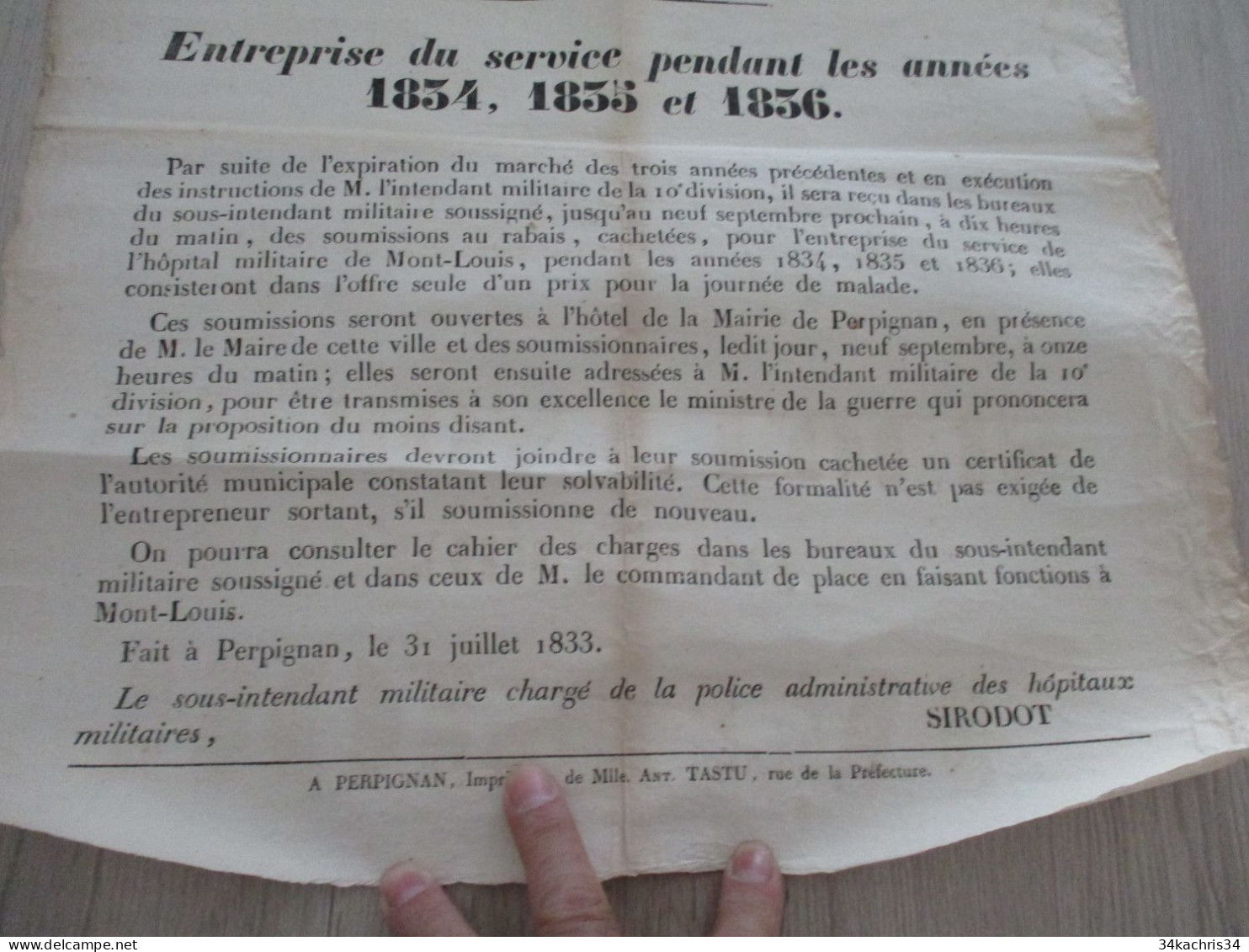 M45 Affiche Placard ¨Pyrénées Orientales Hôpital Militaire De Mont Louis 1833 Soumissions Pour Les Marché 46X54 Environs - Posters