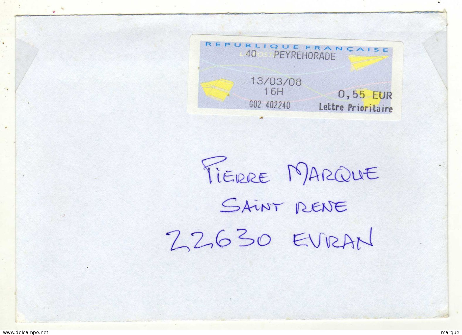 Enveloppe FRANCE Avec Vignette Affranchissement Lettre Prioritaire Oblitération PEYREHORADE 13/03/2008 - 2000 Type « Avions En Papier »