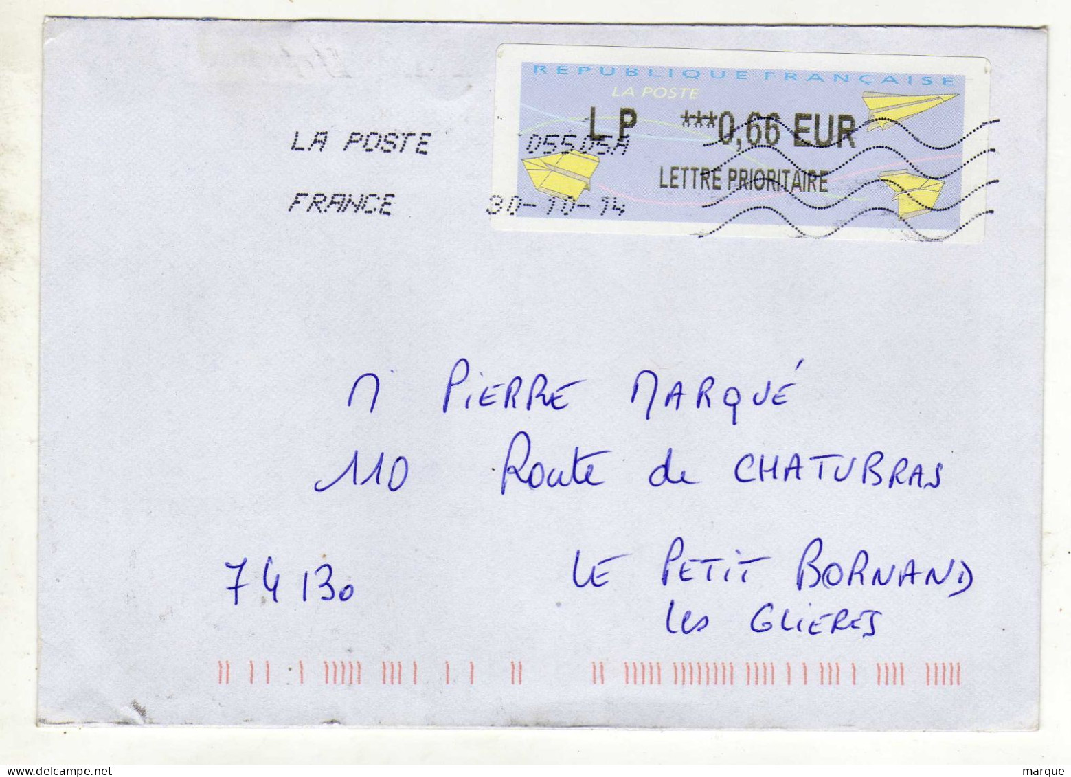 Enveloppe FRANCE Avec Vignette Affranchissement Lettre Prioritaire Oblitération LA POSTE 05505A 30/10/2014 - 2000 Type « Avions En Papier »