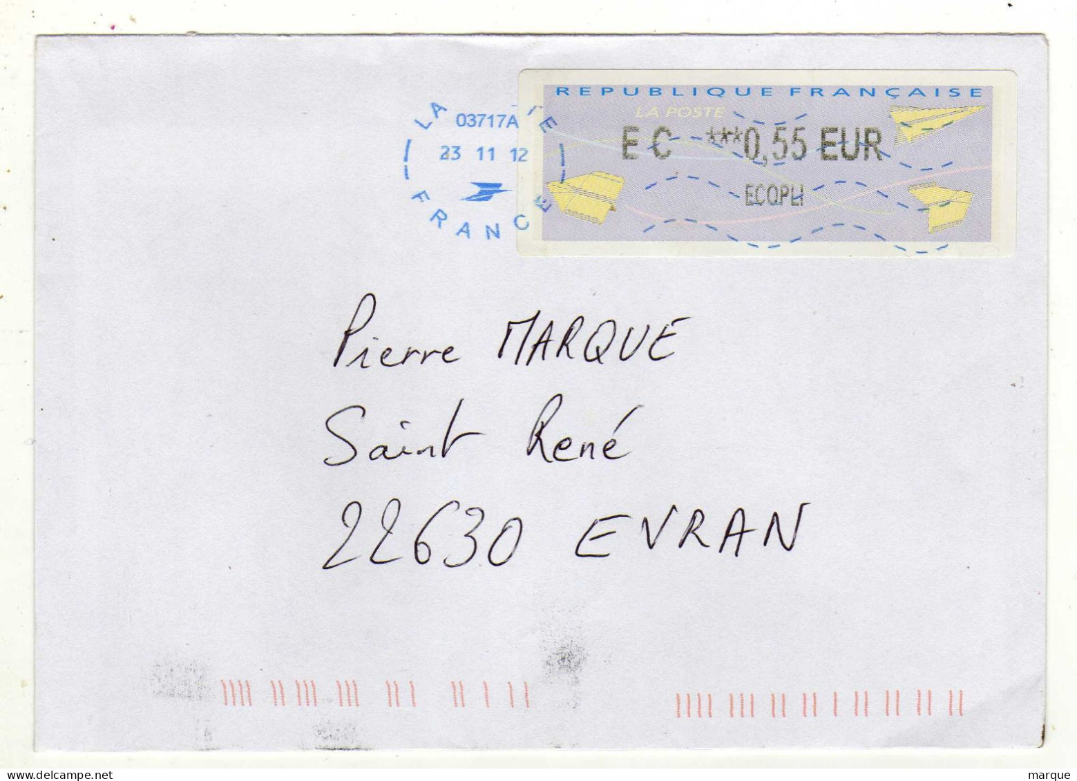 Enveloppe FRANCE Avec Vignette Affranchissement Ecopli Oblitération LA POSTE 03717A 23/11/2012 - 2000 Type « Avions En Papier »