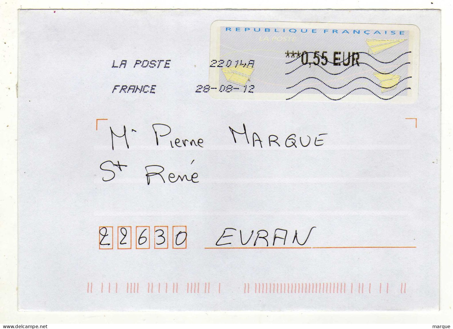 Enveloppe FRANCE Avec Vignette Affranchissement Oblitération LA POSTE 22014A 28/08/2012 - 2000 « Avions En Papier »