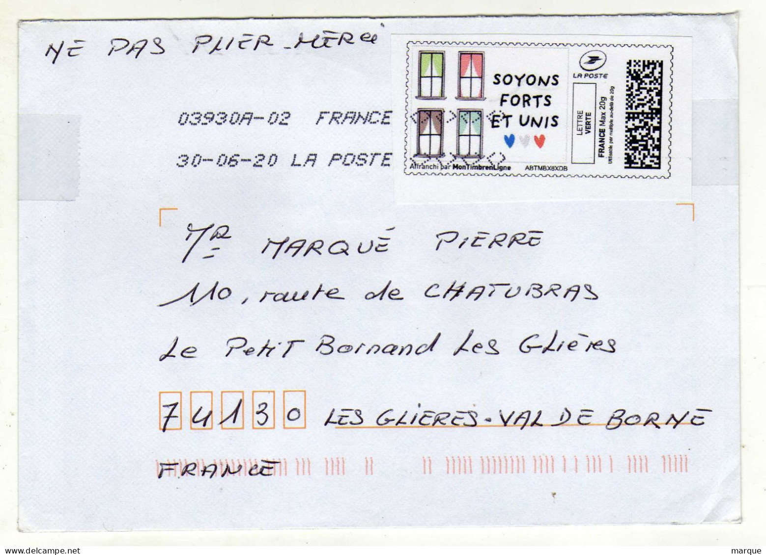 Enveloppe FRANCE Avec Vignette Affranchissement Lettre Verte Oblitération LA POSTE 03930A-02 30/06/2020 - 2010-... Vignette Illustrate