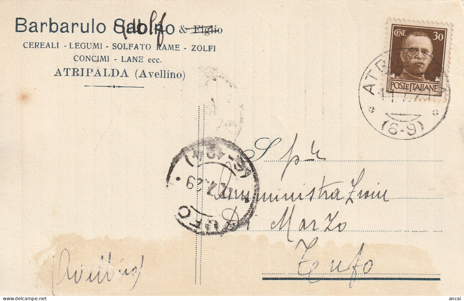 A155. Atripalda. 1929. Annullo Frazionario (6 - 9) Su Cartolina Postale PUBBLICITARIA ... CEREALI - LEGUMI - ... - Asegurados