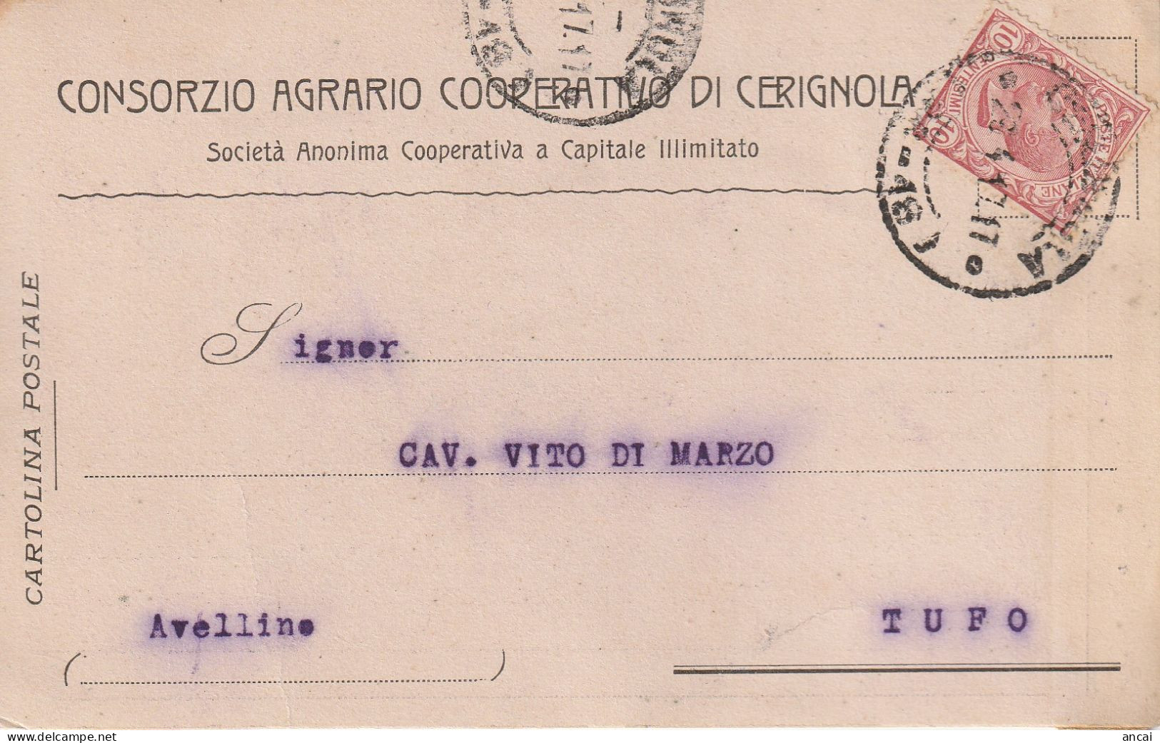 A155. Cerignola. 1917. Annullo Frazionario Su Cartolina Postale PUBBLICITARIA ....CONSORZIO AGRARIO COOPERATIVO .... - Versichert