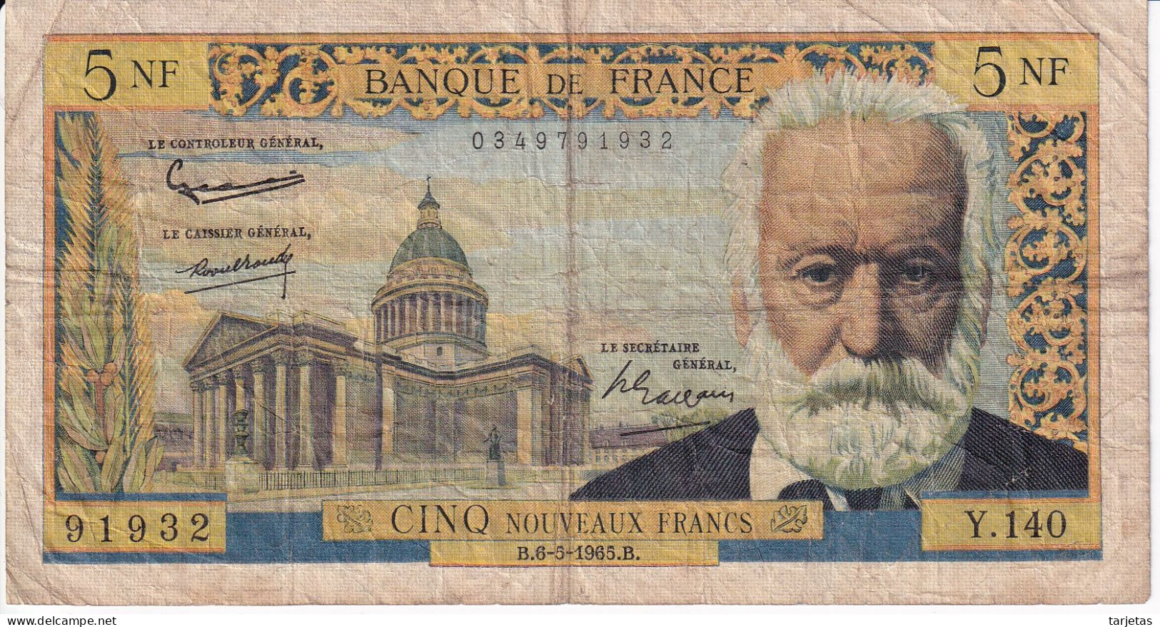 BILLETE DE FRANCIA DE 5 FRANCS DEL 6-5-1965 DE VICTOR HUGO  (BANKNOTE) - 5 NF 1959-1965 ''Victor Hugo''