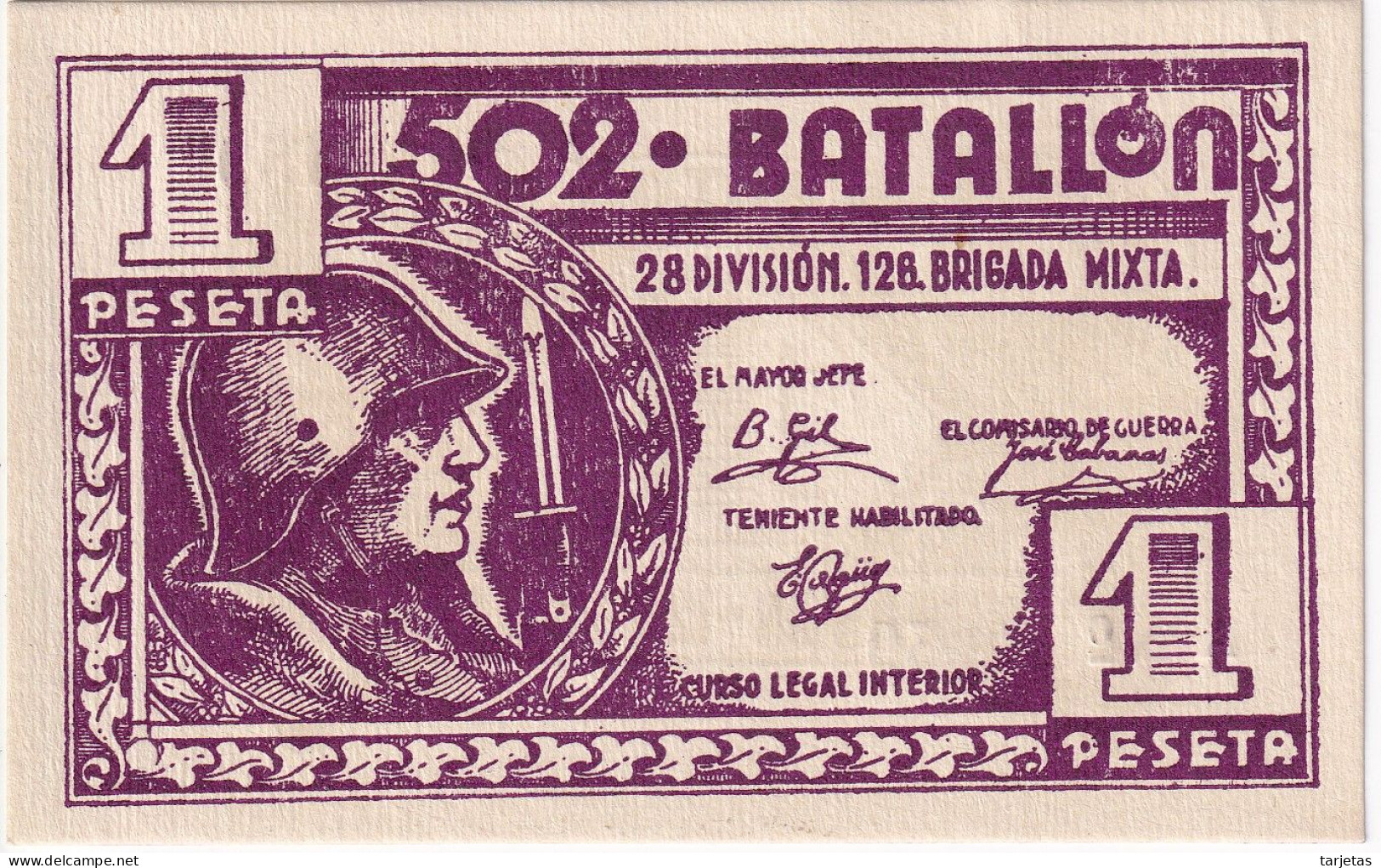 BILLETE DE 1 PESETA DEL 502 BATALLON SERIE A SIN CIRCULAR (SC) (GUERRA CIVIL 1936 A 1939) (BANKNOTE) - Autres & Non Classés