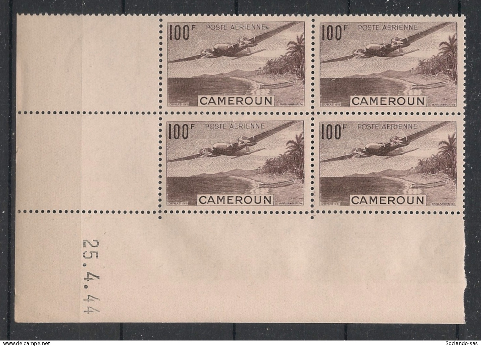 CAMEROUN - 1944 - Poste Aérienne PA N°Yv. 3 - Avion 100f - Bloc De 4 Coin Daté - Neuf Luxe ** / MNH / Postfrisch - Airmail