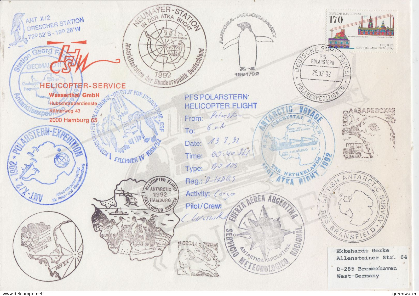 Germany FS Polarstern Large Cover Heli Flight Polarstern To Georg Von Neumayer  Diff Ca 25.02.1992 TO153A) - Vuelos Polares