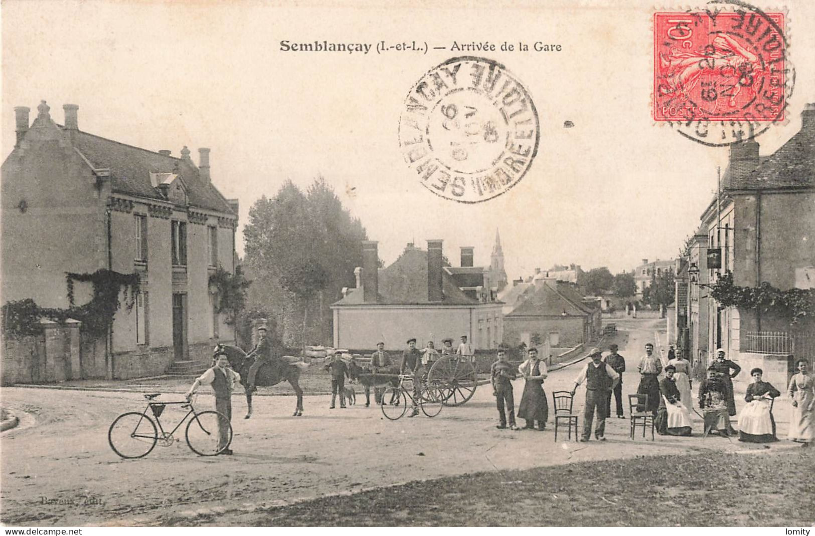 37 Semblançay Arrivée De La Gare CPA Cachet 1906 Carte Avec Animation Attelage Avec Ane Vélo Cycliste - Semblançay