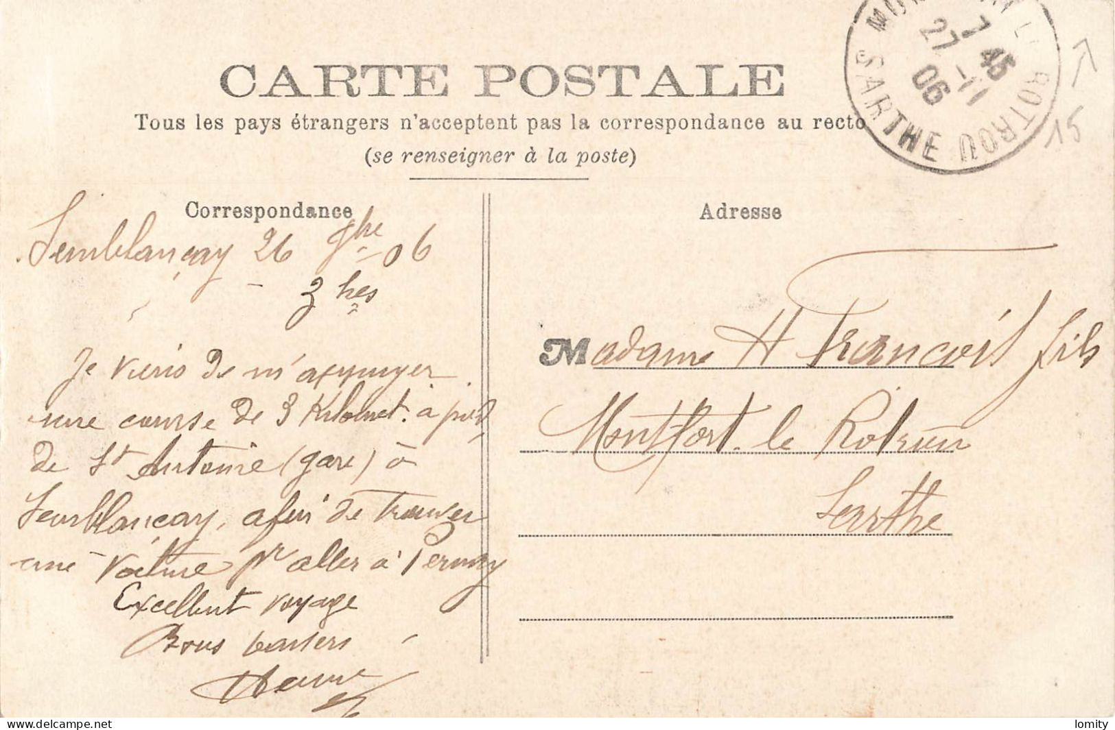 37 Semblançay Arrivée De La Gare CPA Cachet 1906 Carte Avec Animation Attelage Avec Ane Vélo Cycliste - Semblançay