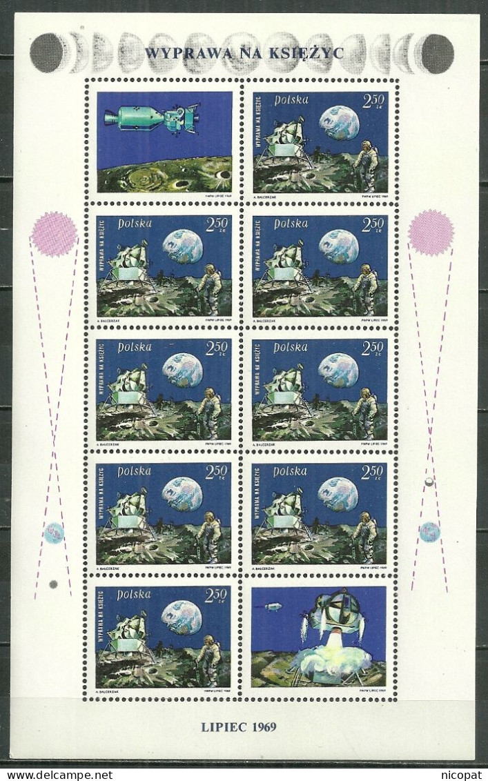 POLAND MNH ** 1790 En Feuillet L'HOMME SUR LA LUNE MODULE ASTRONAUTES ET TERRE - Fogli Completi