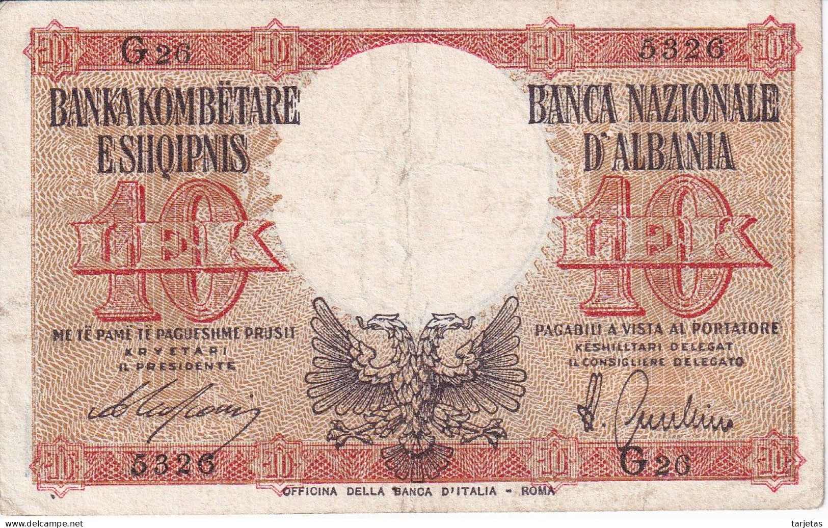 BILLETE DE ALBANIA DE 10 LEK DEL AÑO 1940 (BANKNOTE) - Albanien