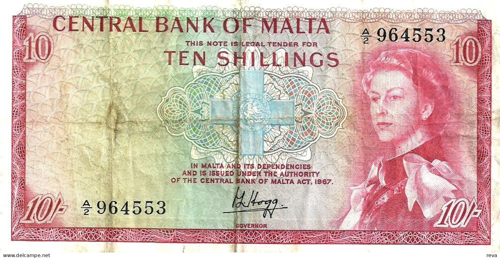 MALTA BRITISH 10 SHILLINGS RED WOMAN QEII HEAD FRONT SHIP BACK DATED 1967(ISSUED 1968) P28 VF READ DESCRIPTION !! - Malta