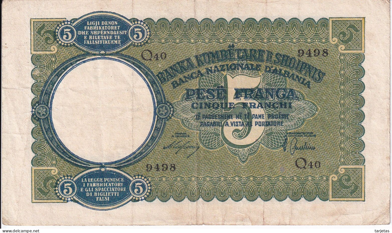 BILLETE DE ALBANIA DE 5 FRANGA DEL AÑO 1939  (BANKNOTE) - Albania