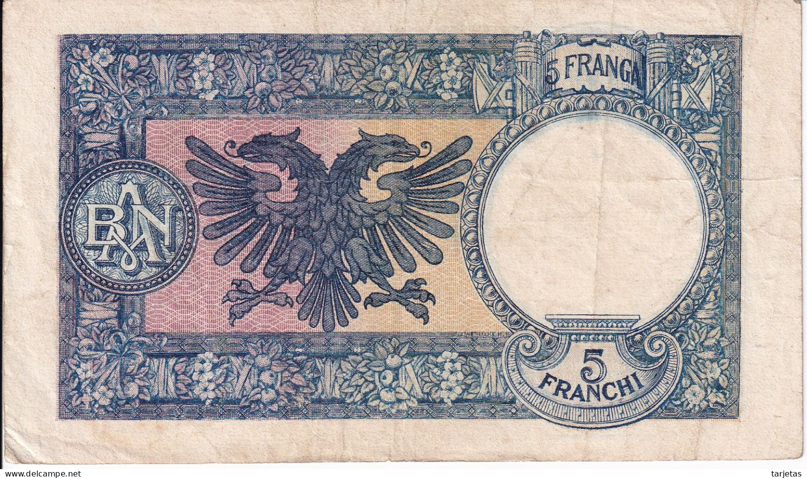 BILLETE DE ALBANIA DE 5 FRANGA DEL AÑO 1939  (BANKNOTE) - Albanien