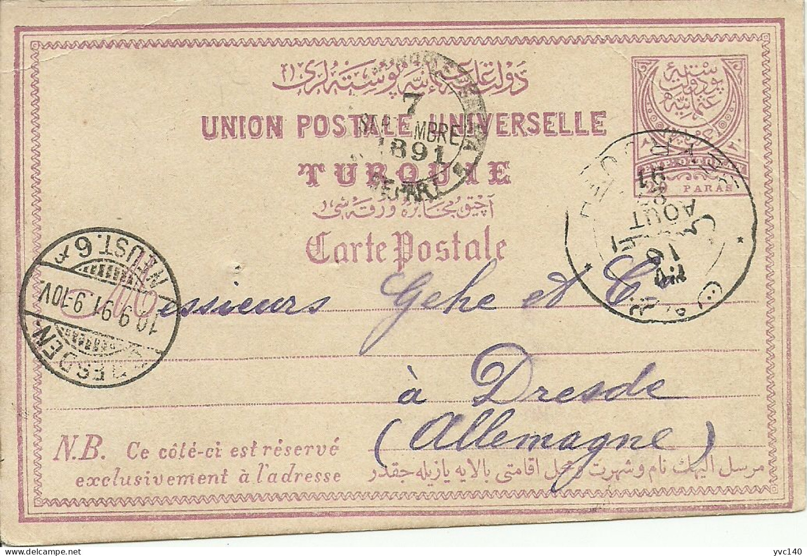 Turkey; 1891 Ottoman Postal Stationery Sent From Beirut To Dresden - Briefe U. Dokumente