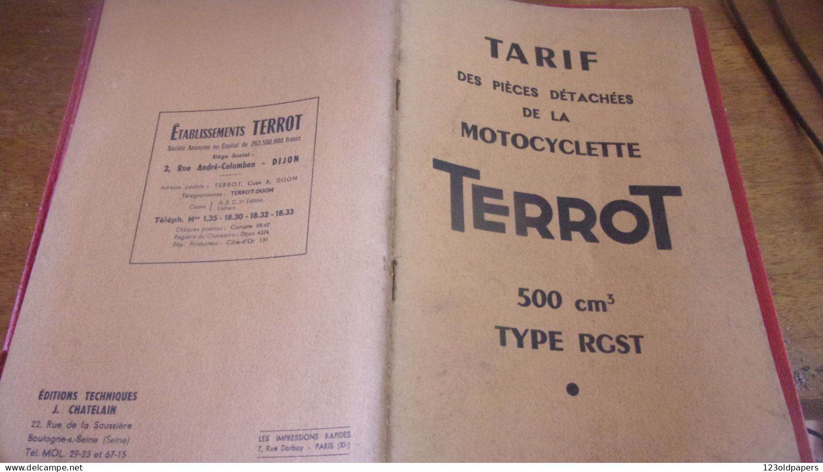 Catalogue 1951 TARIF DES PIECES DETACHEES  Cycles Motocyclettes "TERROT"  DIJON 500 CM3 TYPE RGST 32 PAGES - Verkehr & Transport