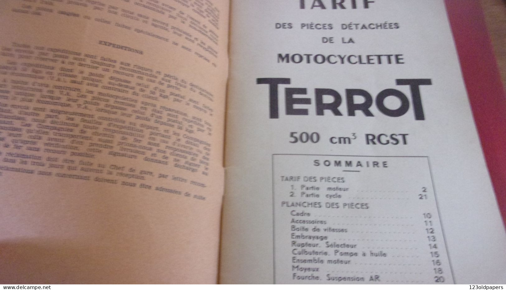 Catalogue 1951 TARIF DES PIECES DETACHEES  Cycles Motocyclettes "TERROT"  DIJON 500 CM3 TYPE RGST 32 PAGES - Transport