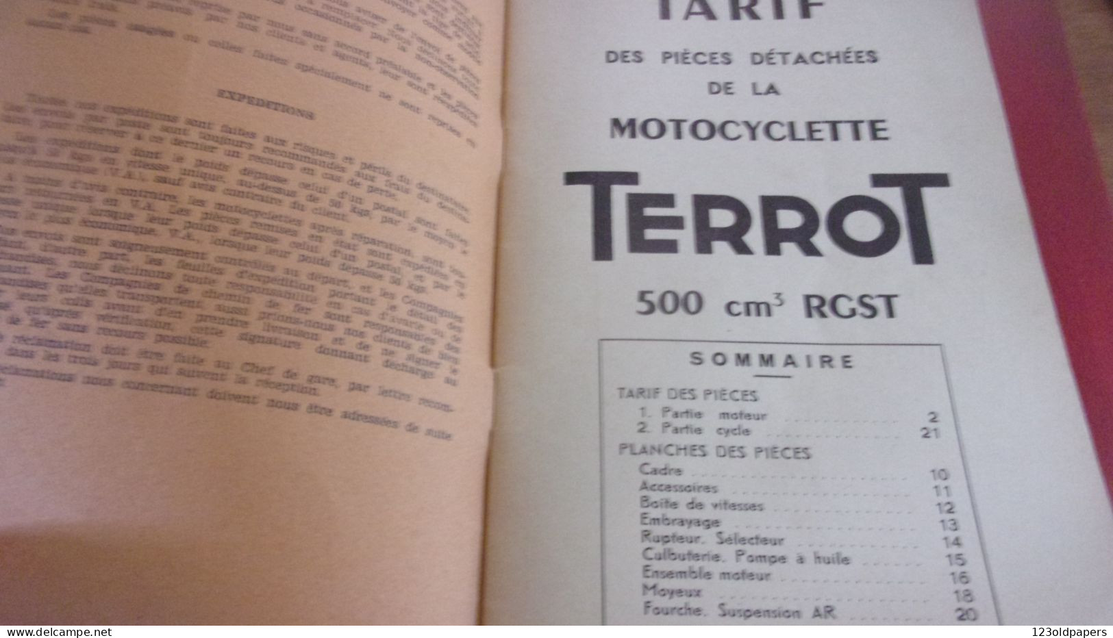 Catalogue 1951 TARIF DES PIECES DETACHEES  Cycles Motocyclettes "TERROT"  DIJON 500 CM3 TYPE RGST 32 PAGES - Transports