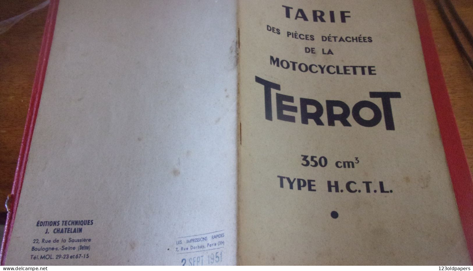 Catalogue 1951 TARIF DES PIECES DETACHEES  Cycles Motocyclettes "TERROT"  DIJON  TYPE 350 CM3 HCTL - Motorräder