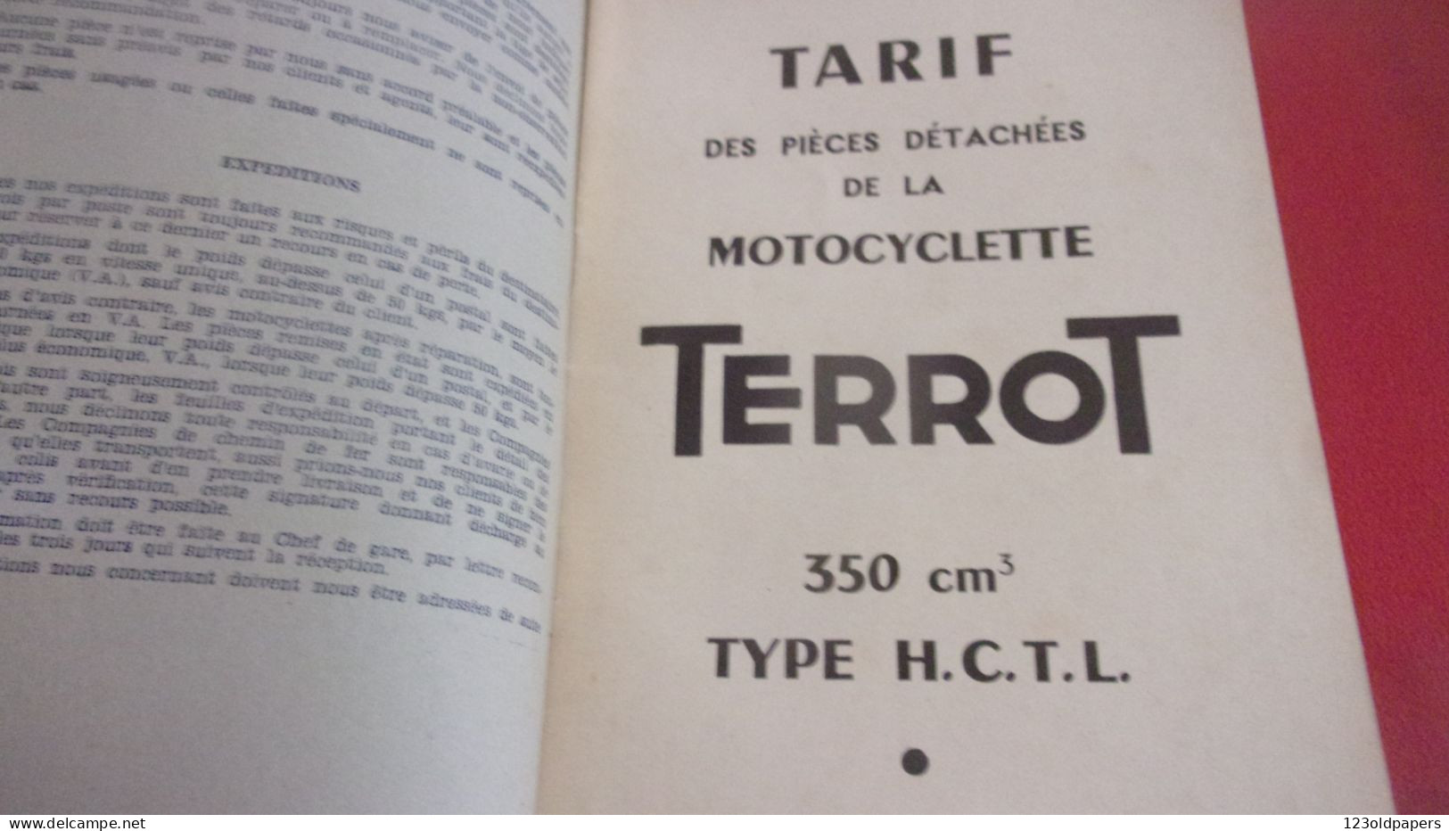 Catalogue 1951 TARIF DES PIECES DETACHEES  Cycles Motocyclettes "TERROT"  DIJON  TYPE 350 CM3 HCTL - Moto
