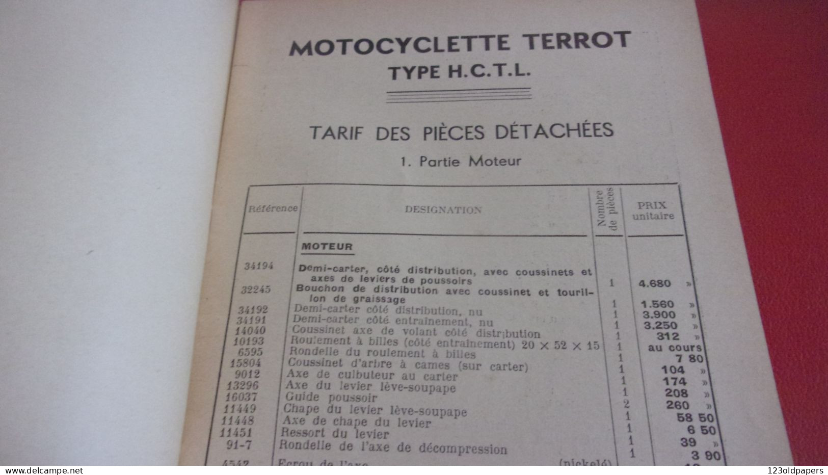 Catalogue 1951 TARIF DES PIECES DETACHEES  Cycles Motocyclettes "TERROT"  DIJON  TYPE 350 CM3 HCTL - Motor Bikes