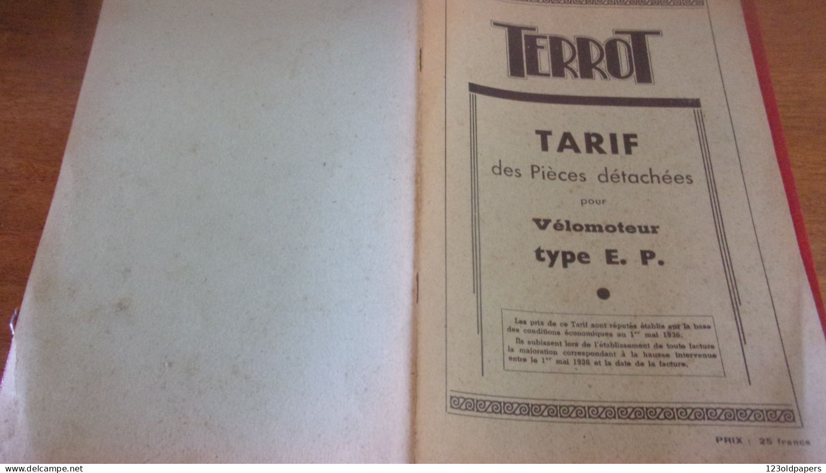 Catalogue 1936 TARIF DES PIECES DETACHEES  Cycles Motocyclettes "TERROT"  DIJON  TYPE  125 CC EP - Motor Bikes