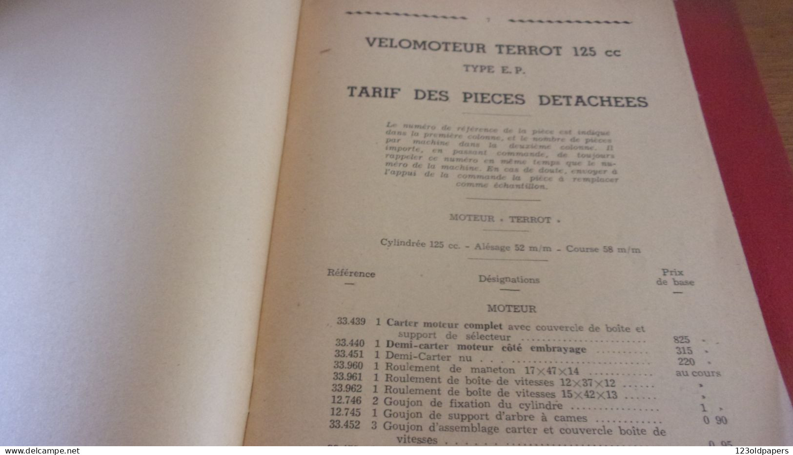 Catalogue 1936 TARIF DES PIECES DETACHEES  Cycles Motocyclettes "TERROT"  DIJON  TYPE  125 CC EP