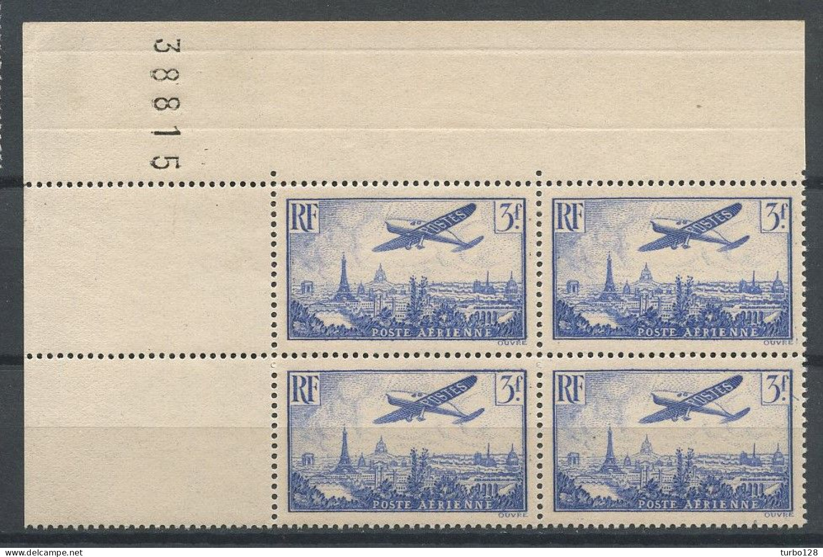 FRANCE 1935 PA N°12 ** Bloc De 4 Numéroté Neuf MNH Superbe C 180 € + Avion Survolant Paris Tour Eiffel - Luchtpost