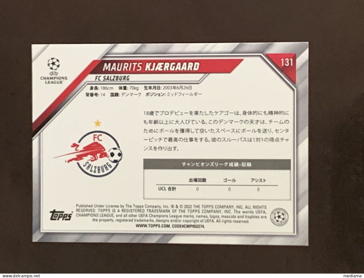 CARD TOPPS UEFA CHAMPIONS LEAGUE JAPAN ROOKIE Maurits Kjærgaard  SALISBURGO - Autres & Non Classés